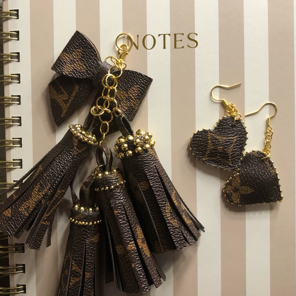 Reserved -Brown Leather Tassel Keychain and Heart Earrings Set